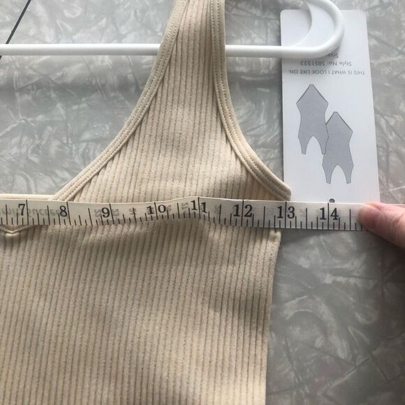 aura bodysuit ribbed knit v neck nude tan size medium w/ tag layer piece fitted - Picture 6 of 7